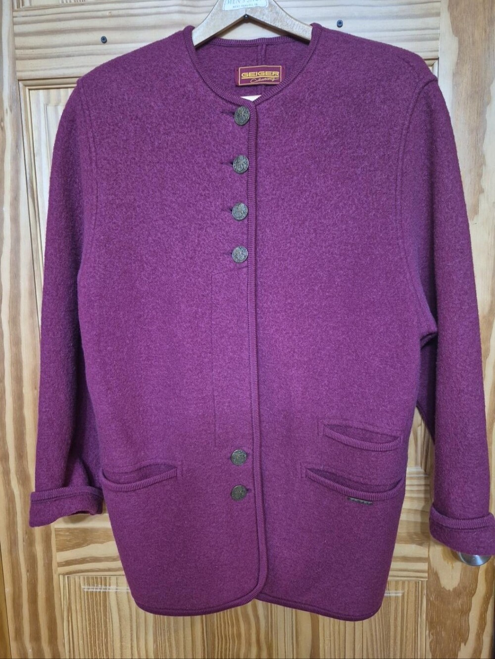 Vintage GEIGER Collection 100% Virgin Wool Cardigan Austria Sz 42 Burgundy Plum